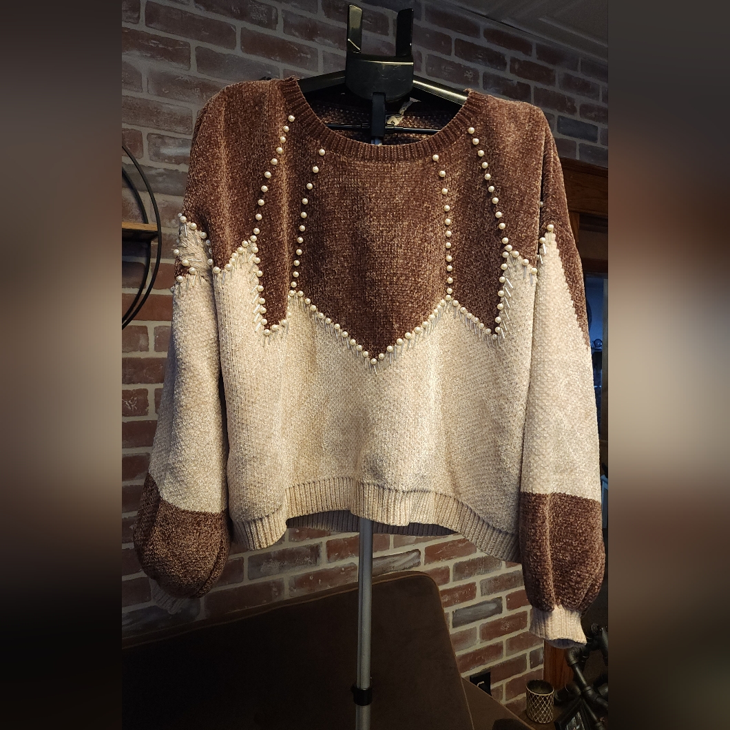 Pol Brown And Cream Pearl-Accent Colorblock Sweater